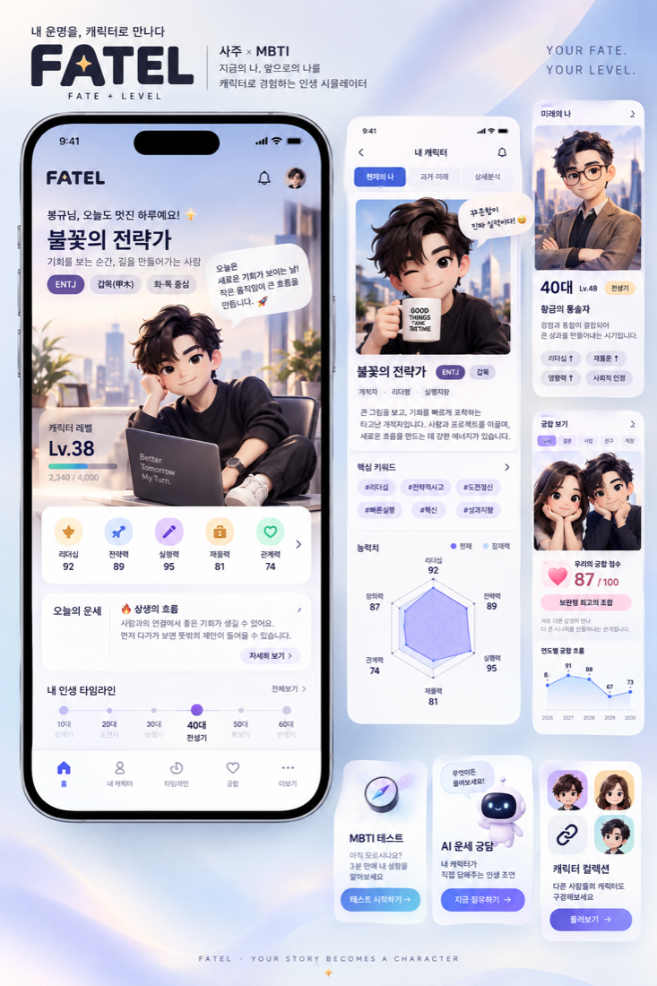 FATEL 모바일 앱의 캐릭터, 능력치, 타임라인과 궁합 화면 미리보기